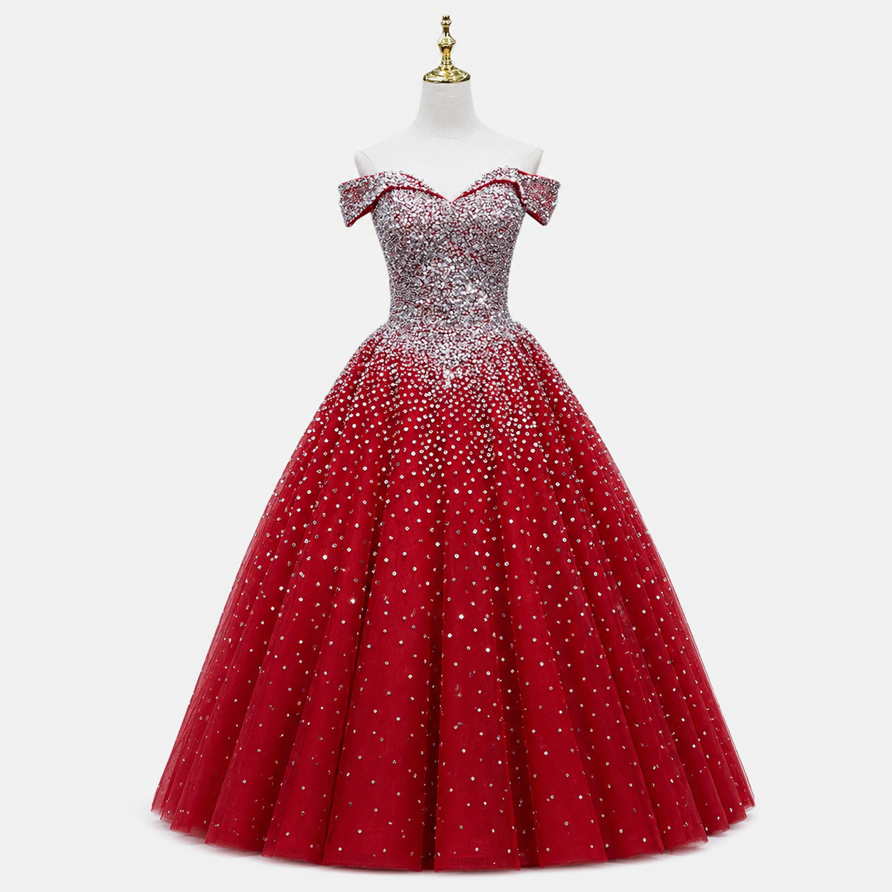 Luxury Red Crystal Ball Gown Off Shoulder Beaded Princess Prom Dress SL193