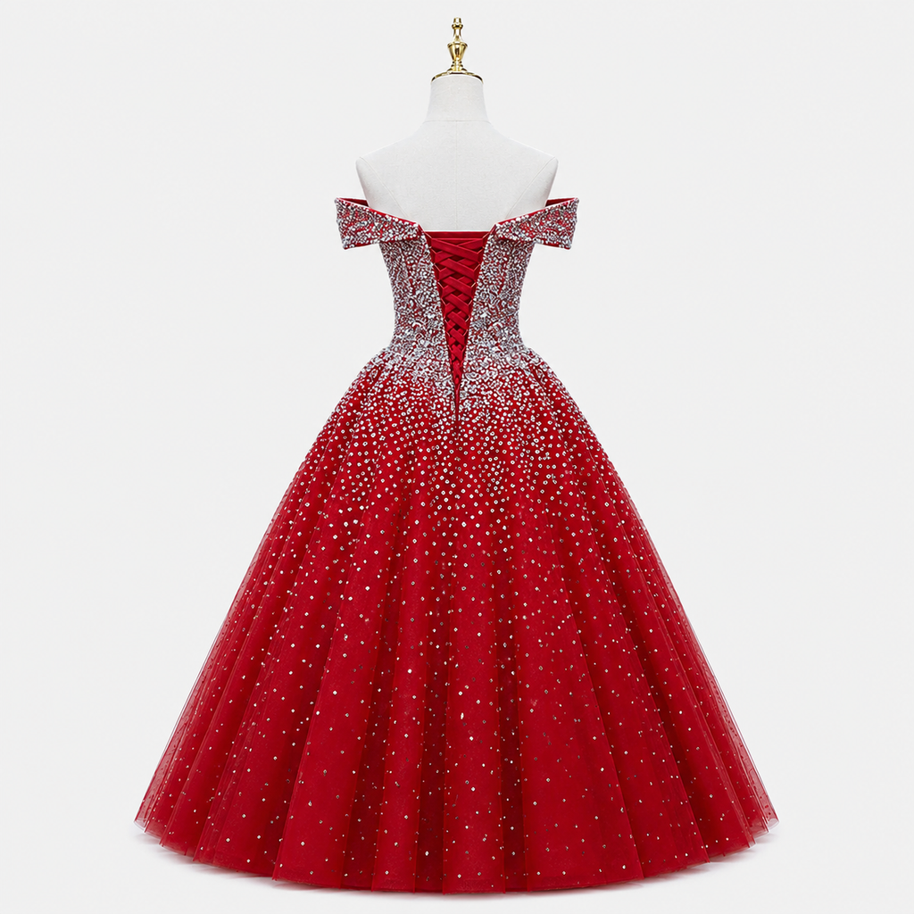 Luxury Red Crystal Ball Gown Off Shoulder Beaded Princess Prom Dress SL193