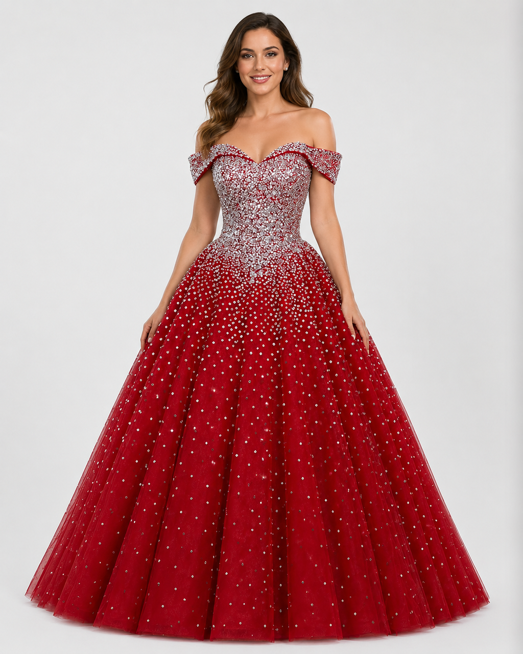 Luxury Red Crystal Ball Gown Off Shoulder Beaded Princess Prom Dress SL193