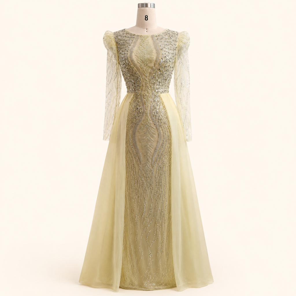 Luxury Dusty Blue Sequined Formal Dress with Sheer Long Sleeves SL194
