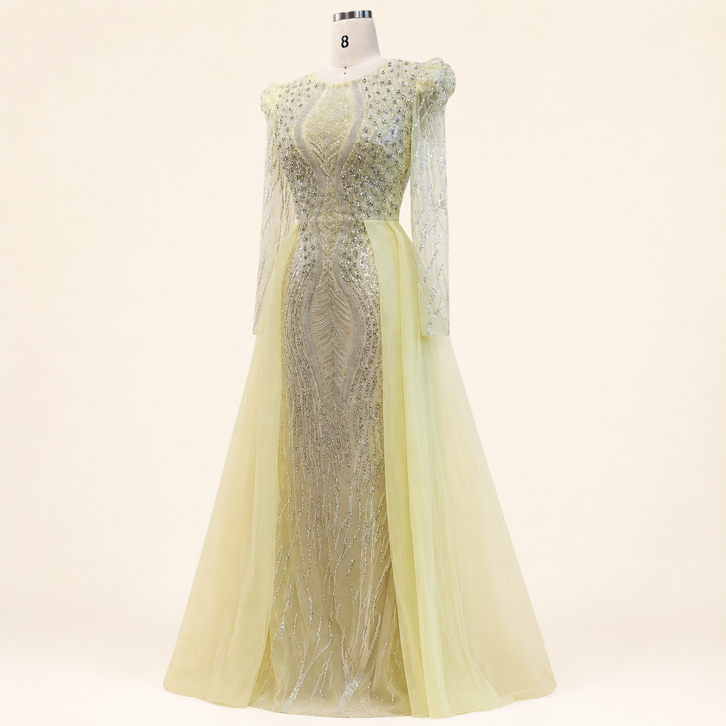 Luxury Dusty Blue Sequined Formal Dress with Sheer Long Sleeves SL194