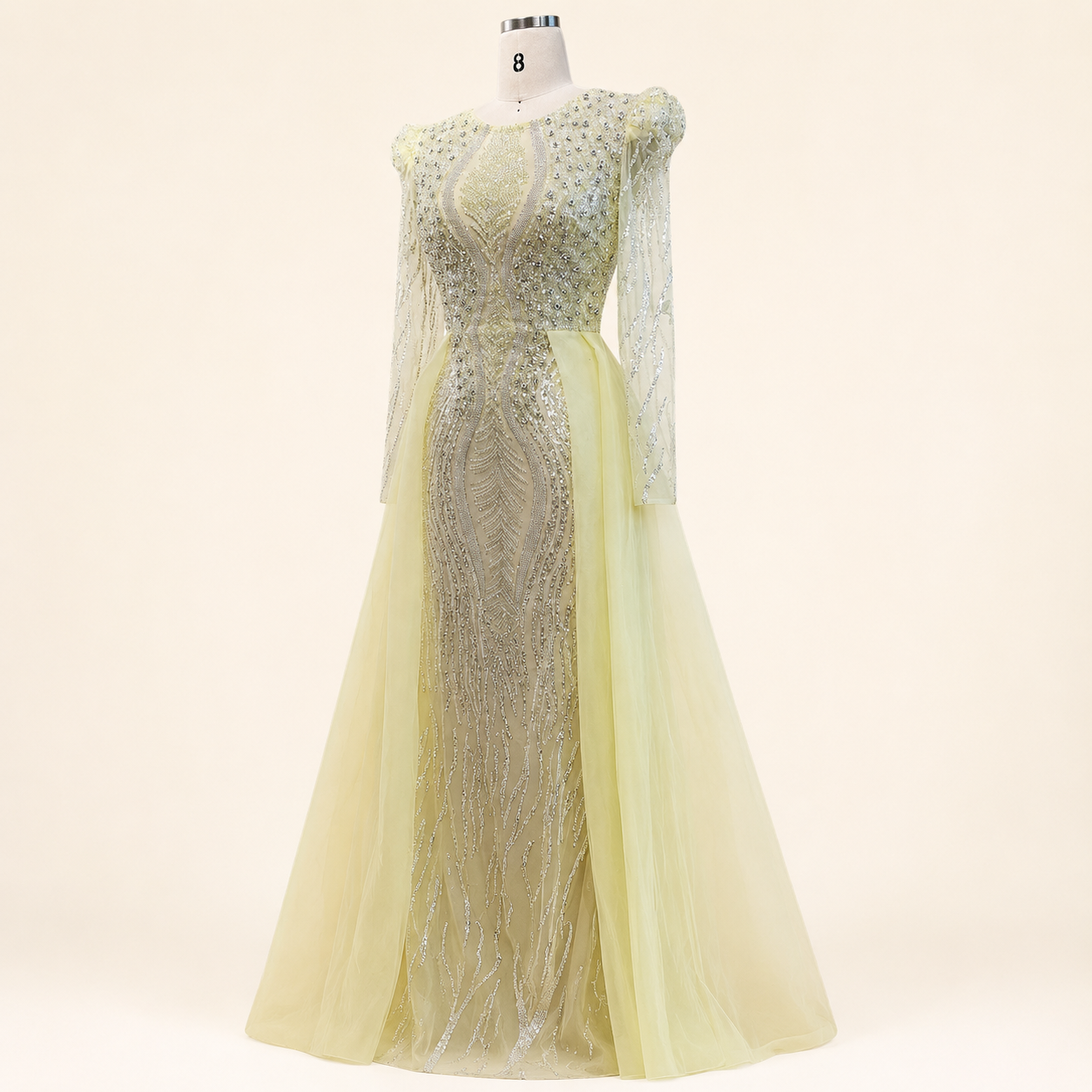 Luxury Dusty Blue Sequined Formal Dress with Sheer Long Sleeves SL194