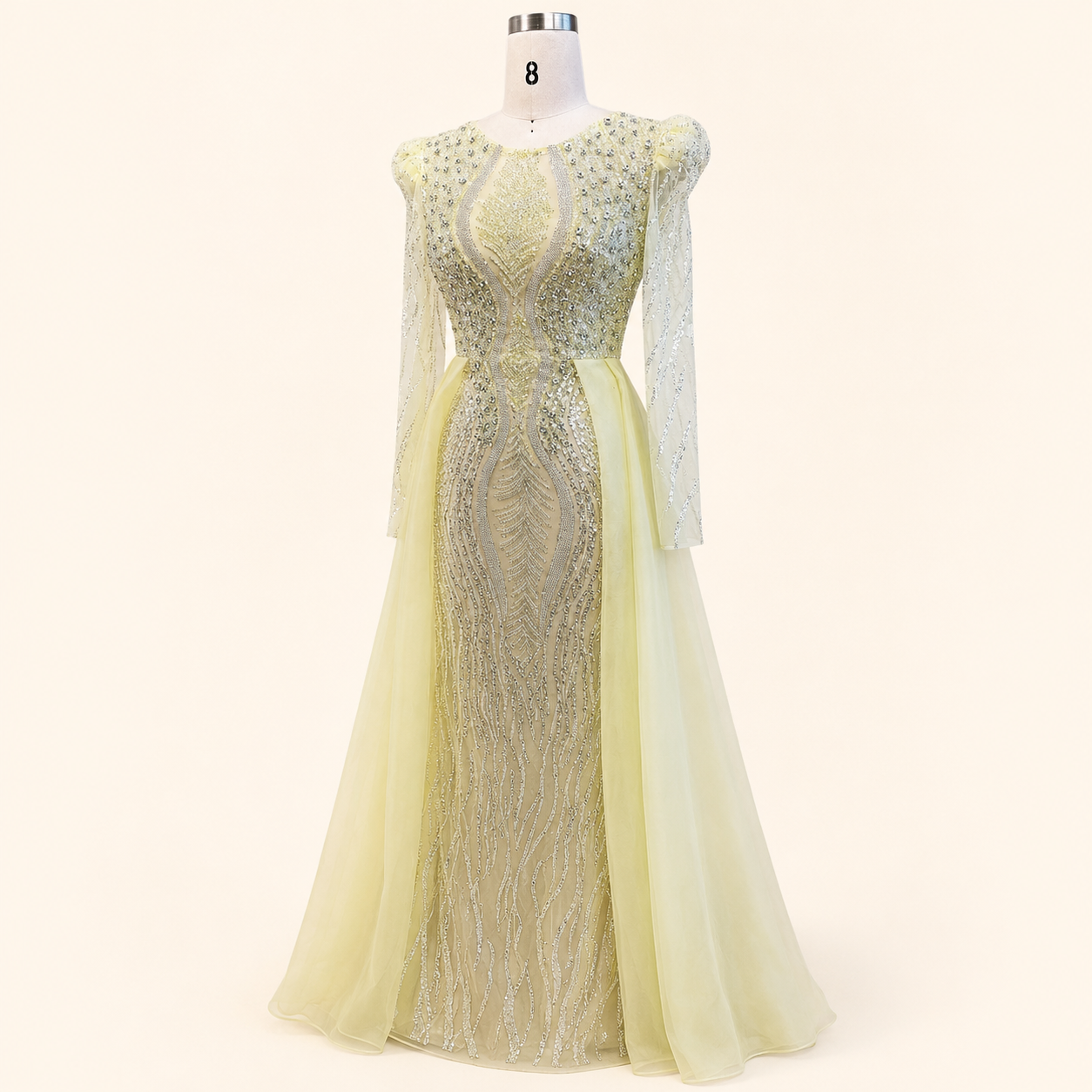Luxury Dusty Blue Sequined Formal Dress with Sheer Long Sleeves SL194