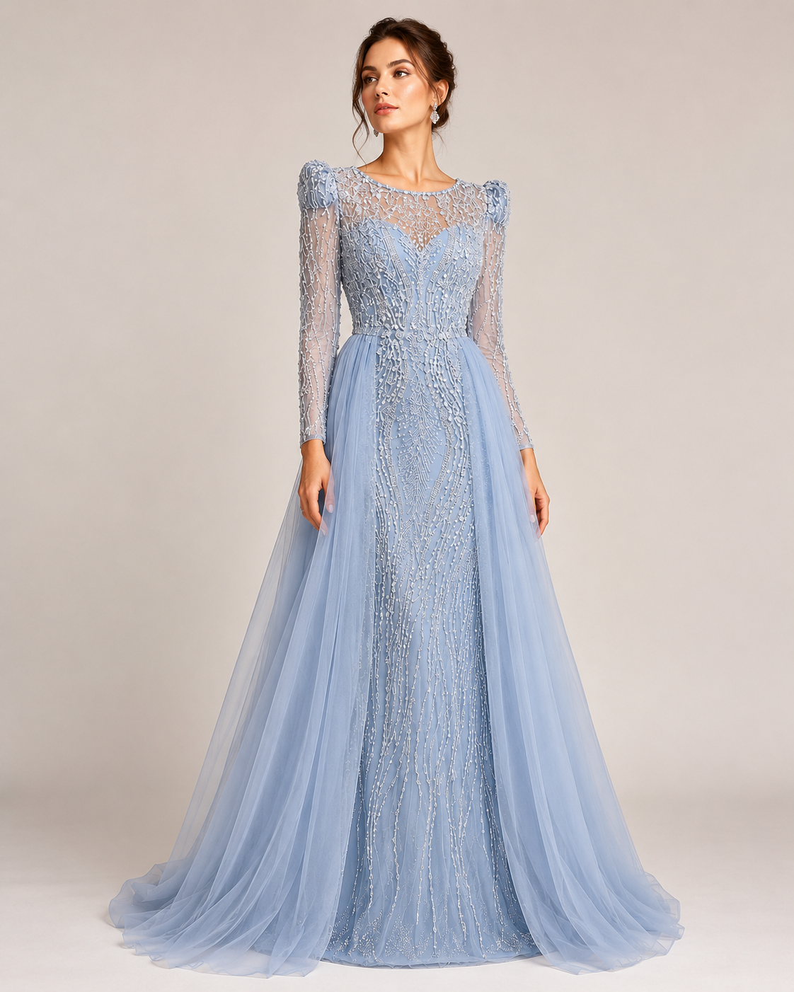 Luxury Dusty Blue Sequined Formal Dress with Sheer Long Sleeves SL194