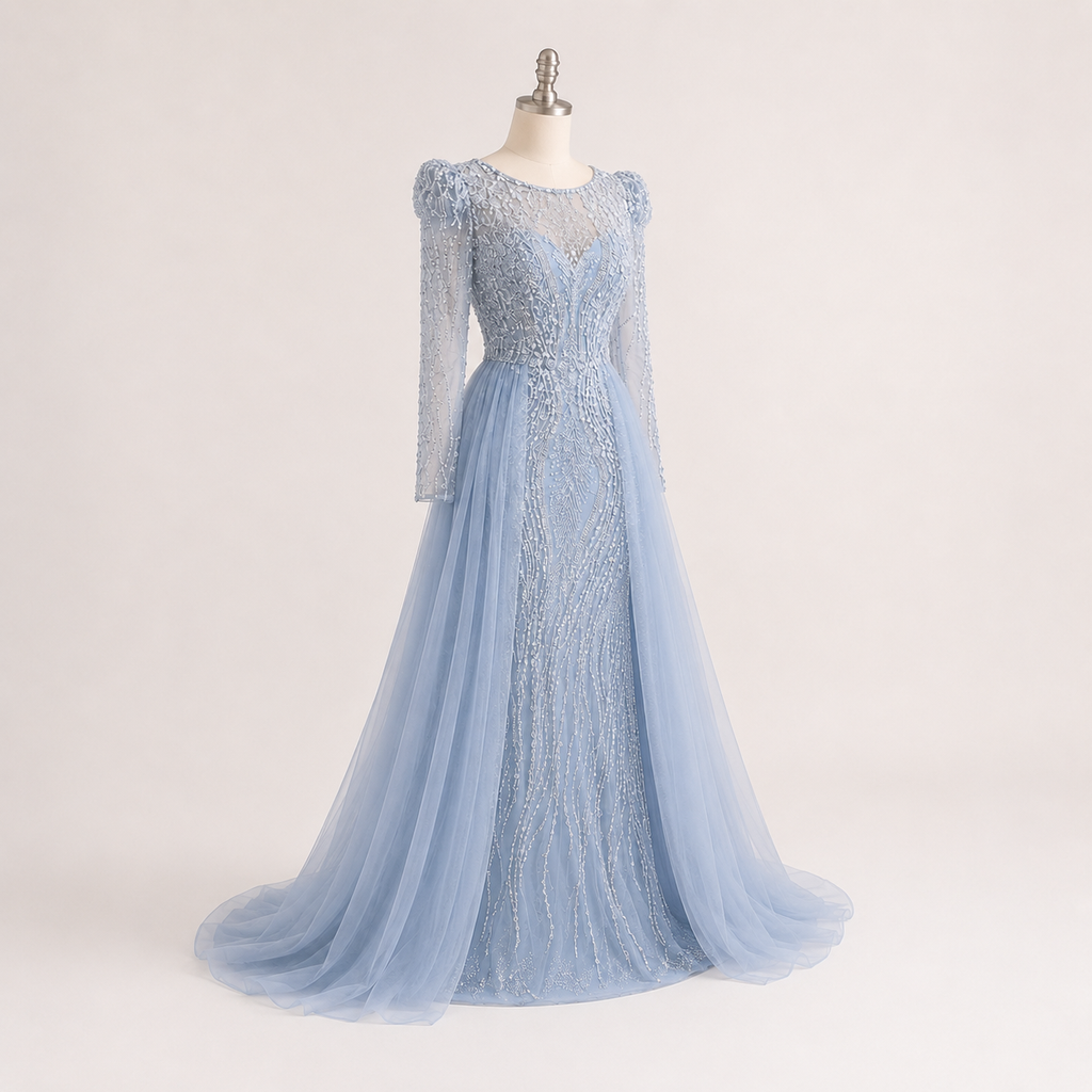 Luxury Dusty Blue Sequined Formal Dress with Sheer Long Sleeves SL194