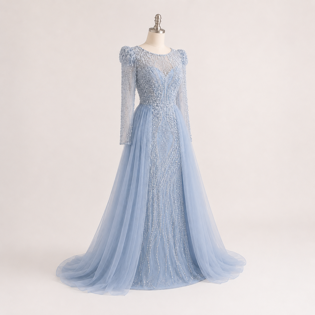 Luxury Dusty Blue Sequined Formal Dress with Sheer Long Sleeves SL194