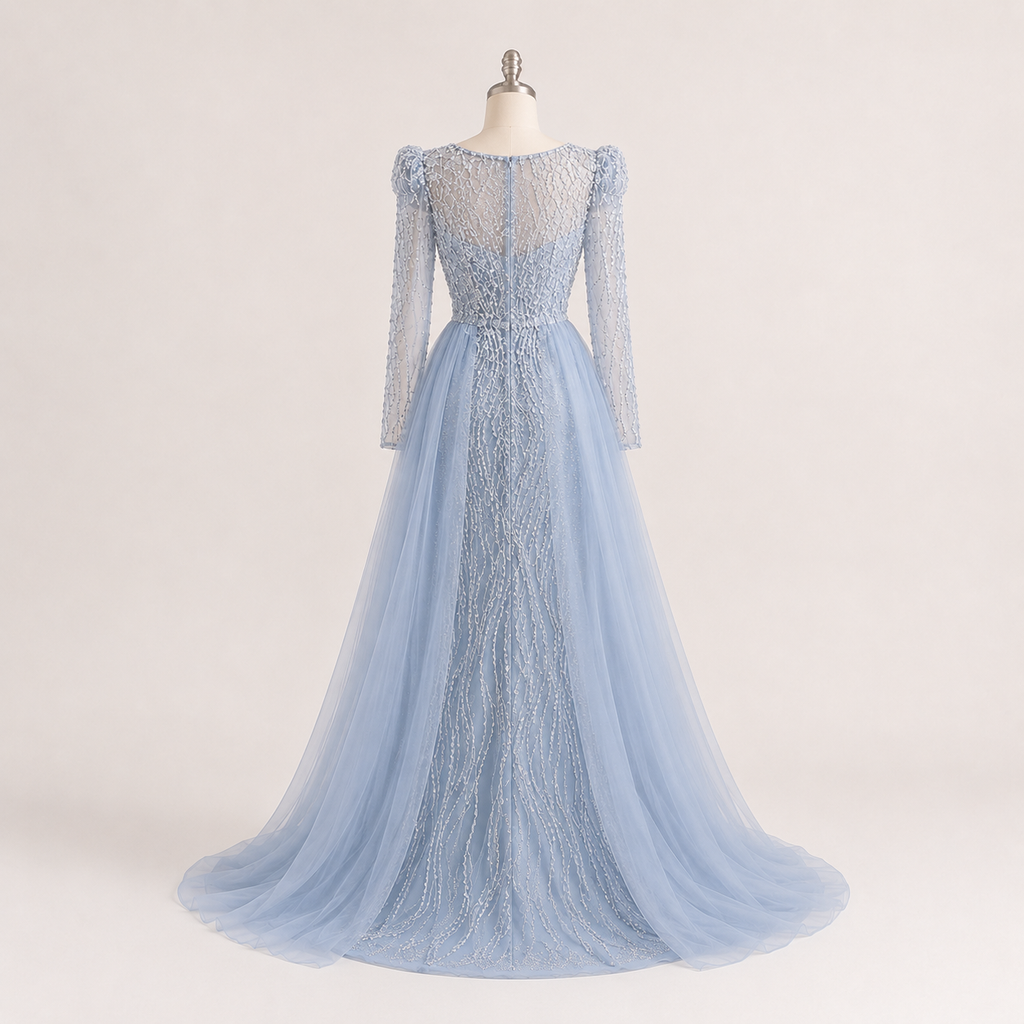 Luxury Dusty Blue Sequined Formal Dress with Sheer Long Sleeves SL194