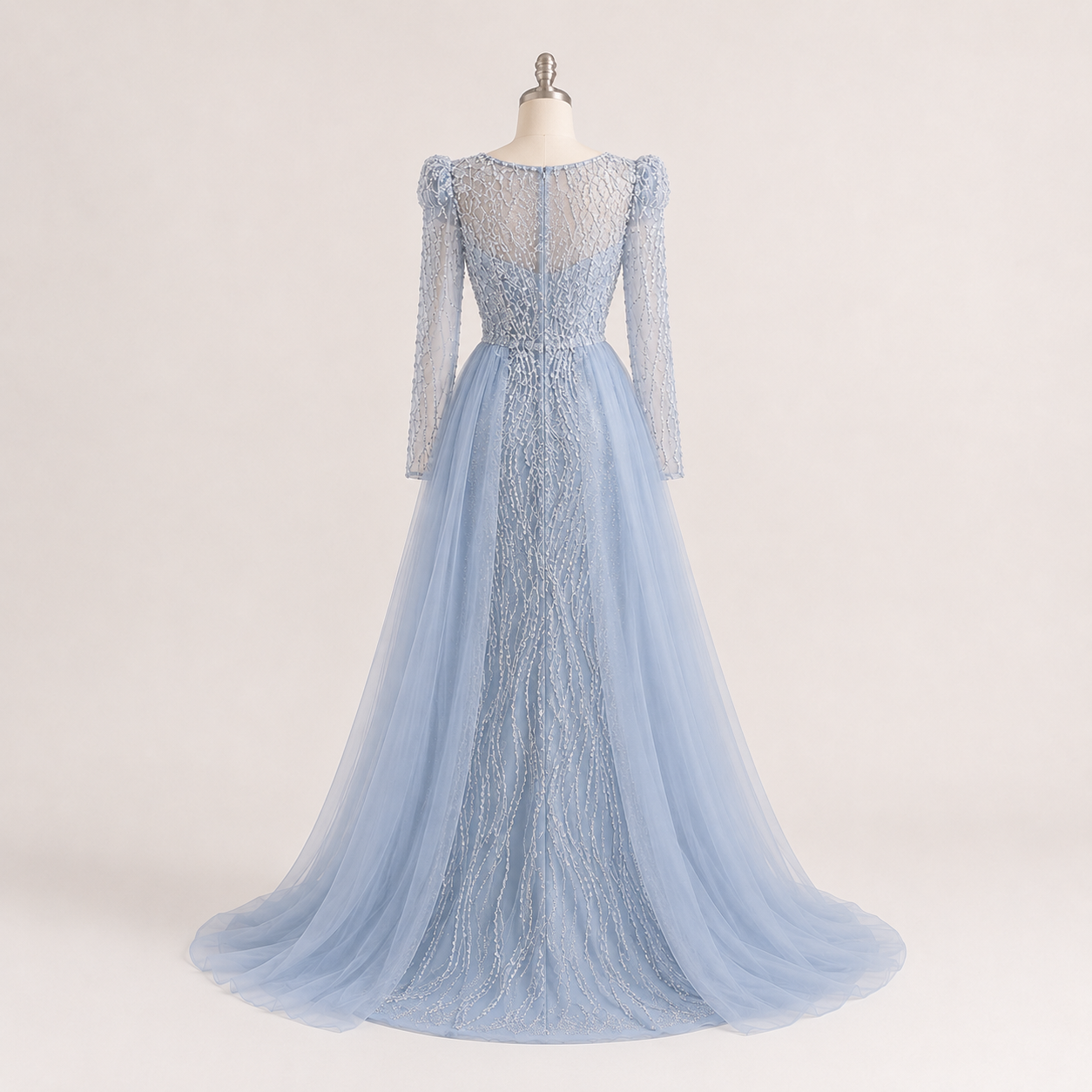 Luxury Dusty Blue Sequined Formal Dress with Sheer Long Sleeves SL194