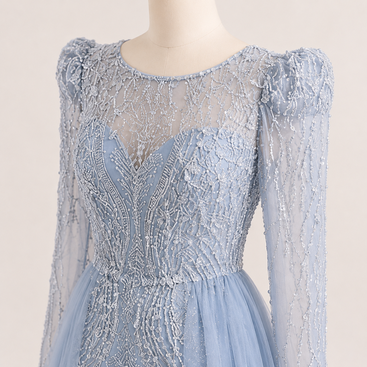 Luxury Dusty Blue Sequined Formal Dress with Sheer Long Sleeves SL194