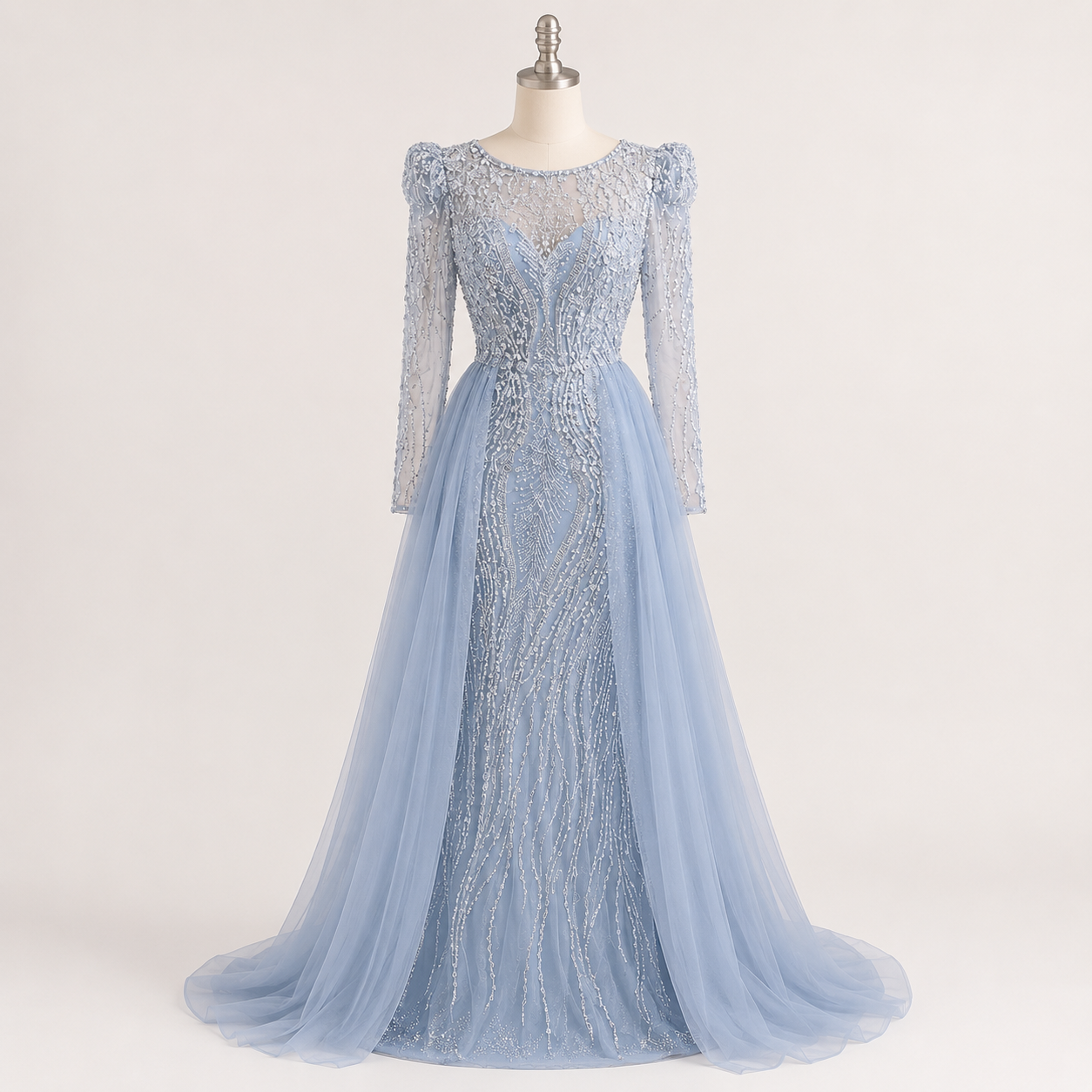 Luxury Dusty Blue Sequined Formal Dress with Sheer Long Sleeves SL194
