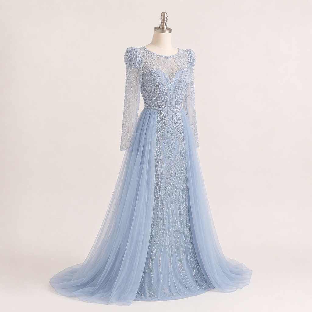 Luxury Dusty Blue Sequined Formal Dress with Sheer Long Sleeves SL194