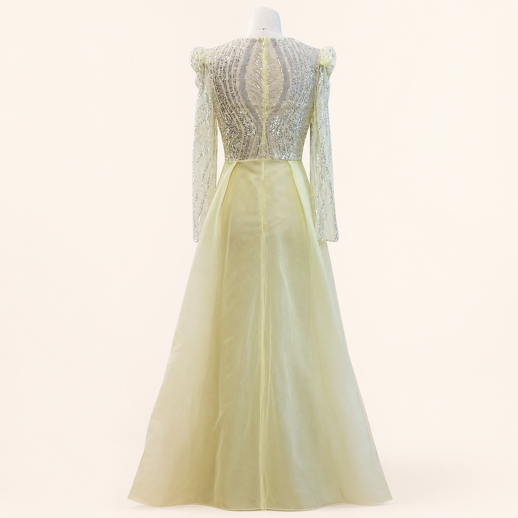 Luxury Dusty Blue Sequined Formal Dress with Sheer Long Sleeves SL194