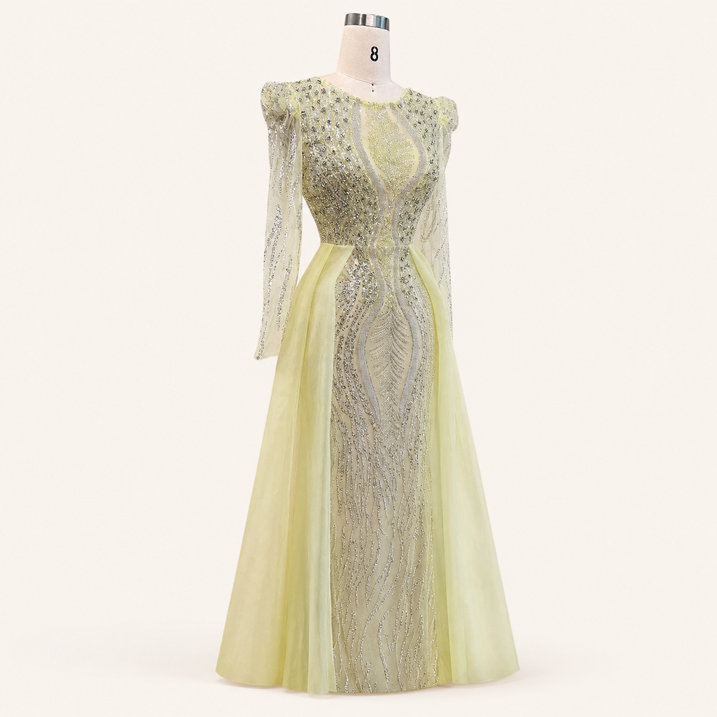 Luxury Dusty Blue Sequined Formal Dress with Sheer Long Sleeves SL194