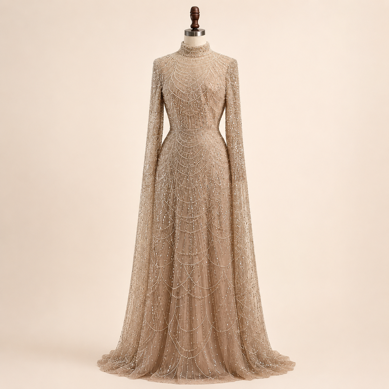 Luxury Sage Green High-Neck Beaded Long Sleeves Evening Gown SL197