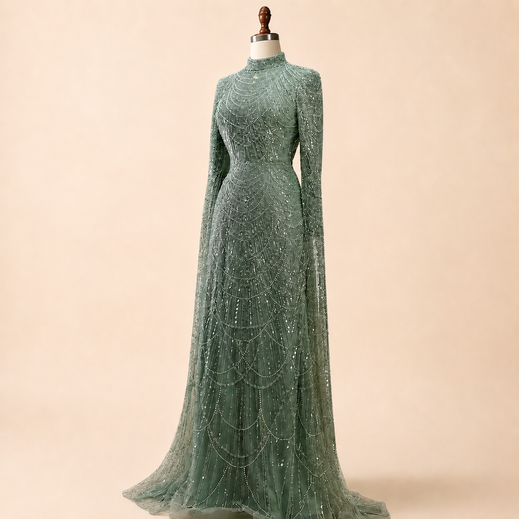 Luxury Sage Green High-Neck Beaded Long Sleeves Evening Gown SL197