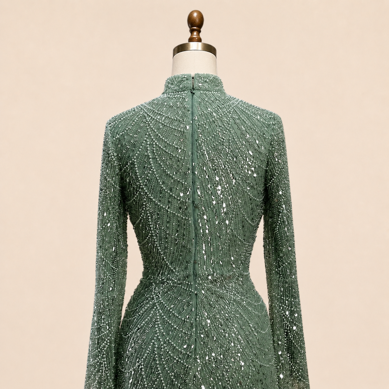 Luxury Sage Green High-Neck Beaded Long Sleeves Evening Gown SL197