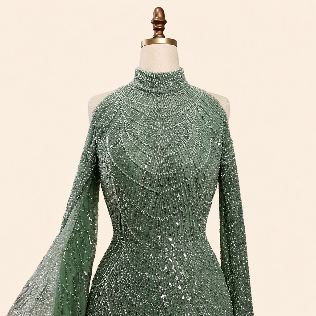 Luxury Sage Green High-Neck Beaded Long Sleeves Evening Gown SL197