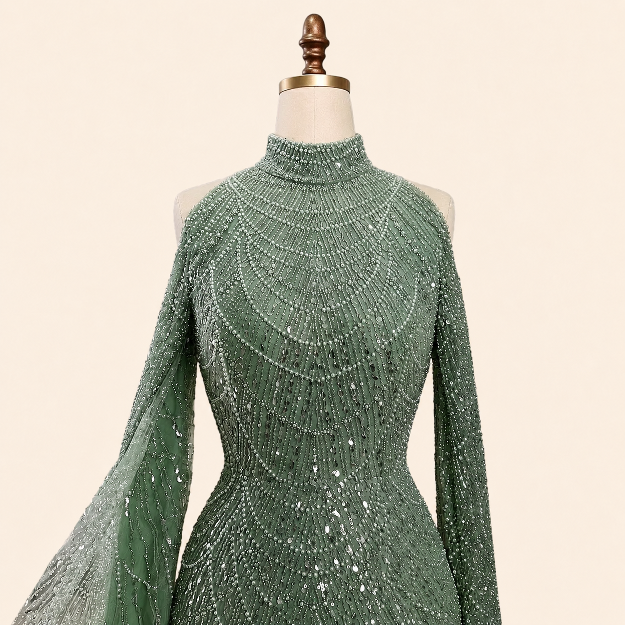 Luxury Sage Green High-Neck Beaded Long Sleeves Evening Gown SL197