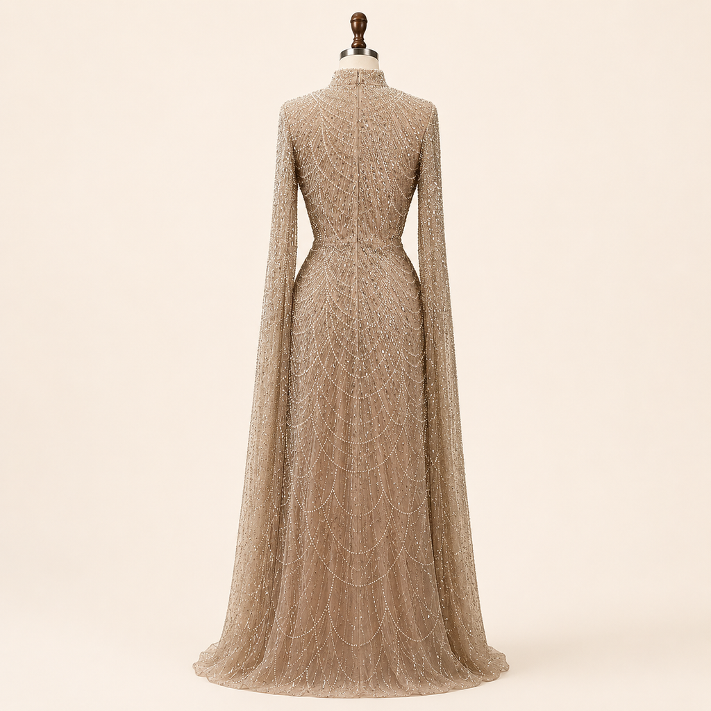 Luxury Sage Green High-Neck Beaded Long Sleeves Evening Gown SL197