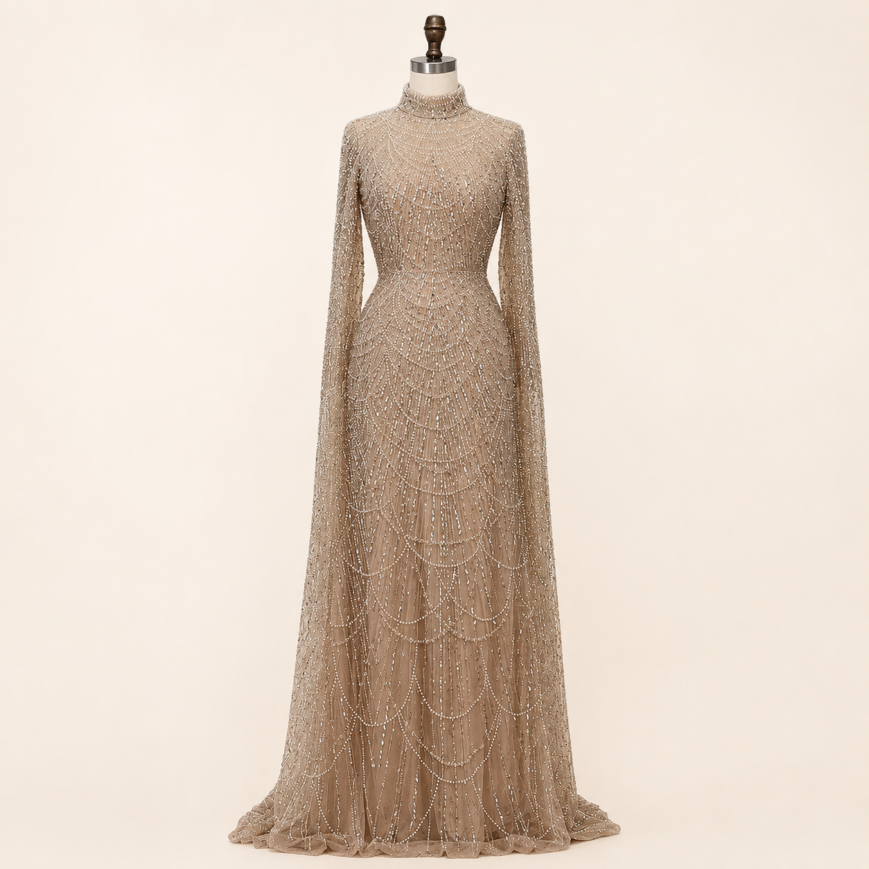 Luxury Sage Green High-Neck Beaded Long Sleeves Evening Gown SL197