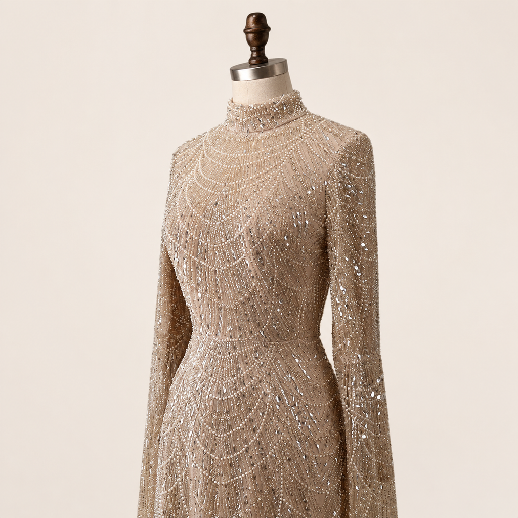 Luxury Sage Green High-Neck Beaded Long Sleeves Evening Gown SL197