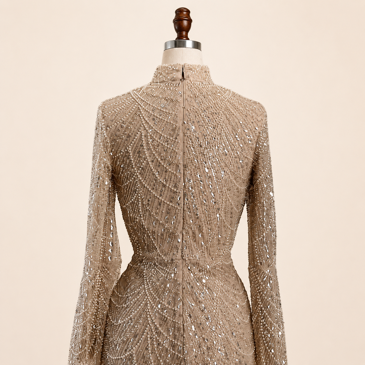 Luxury Sage Green High-Neck Beaded Long Sleeves Evening Gown SL197