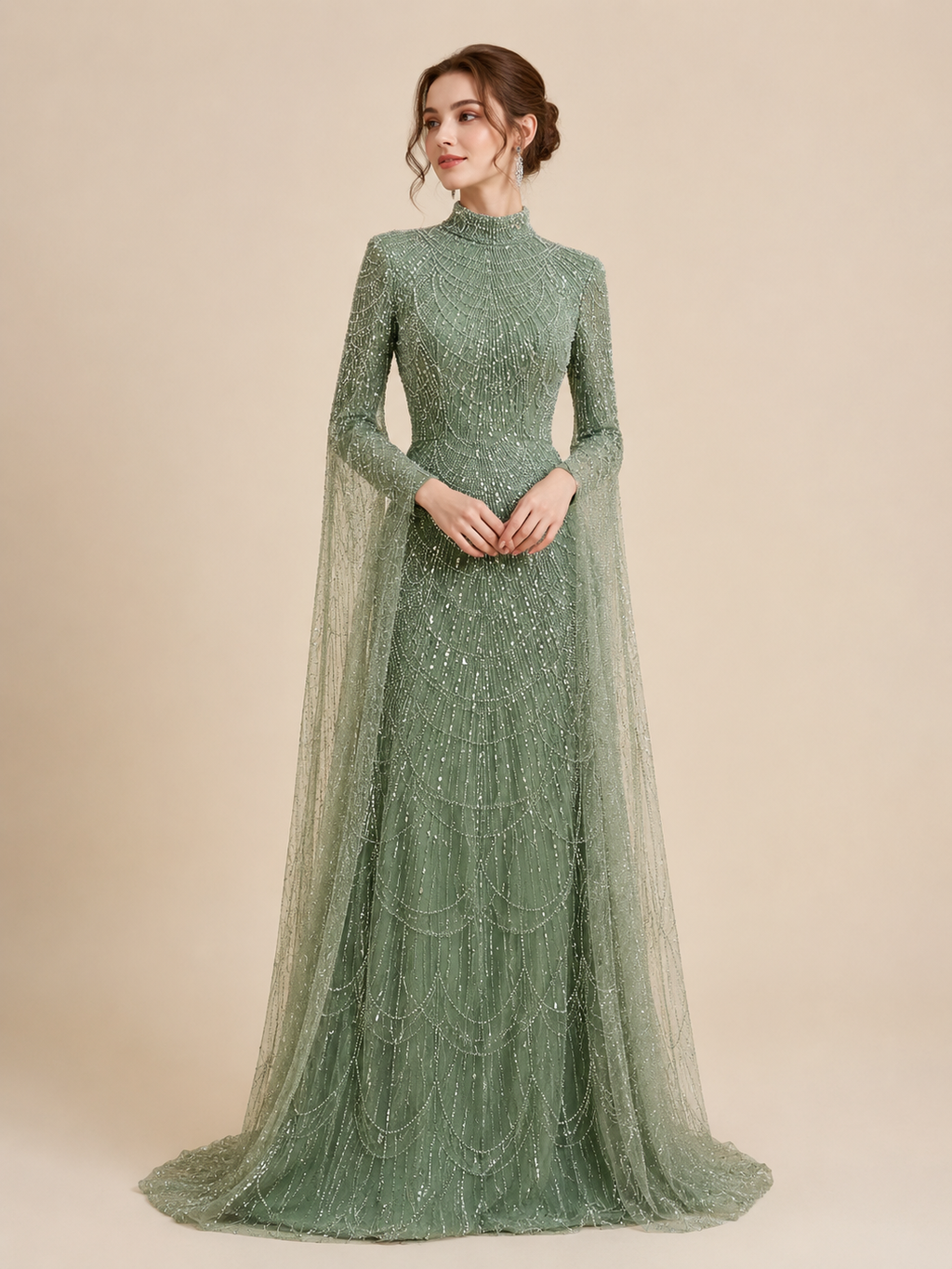Luxury Sage Green High-Neck Beaded Long Sleeves Evening Gown SL197