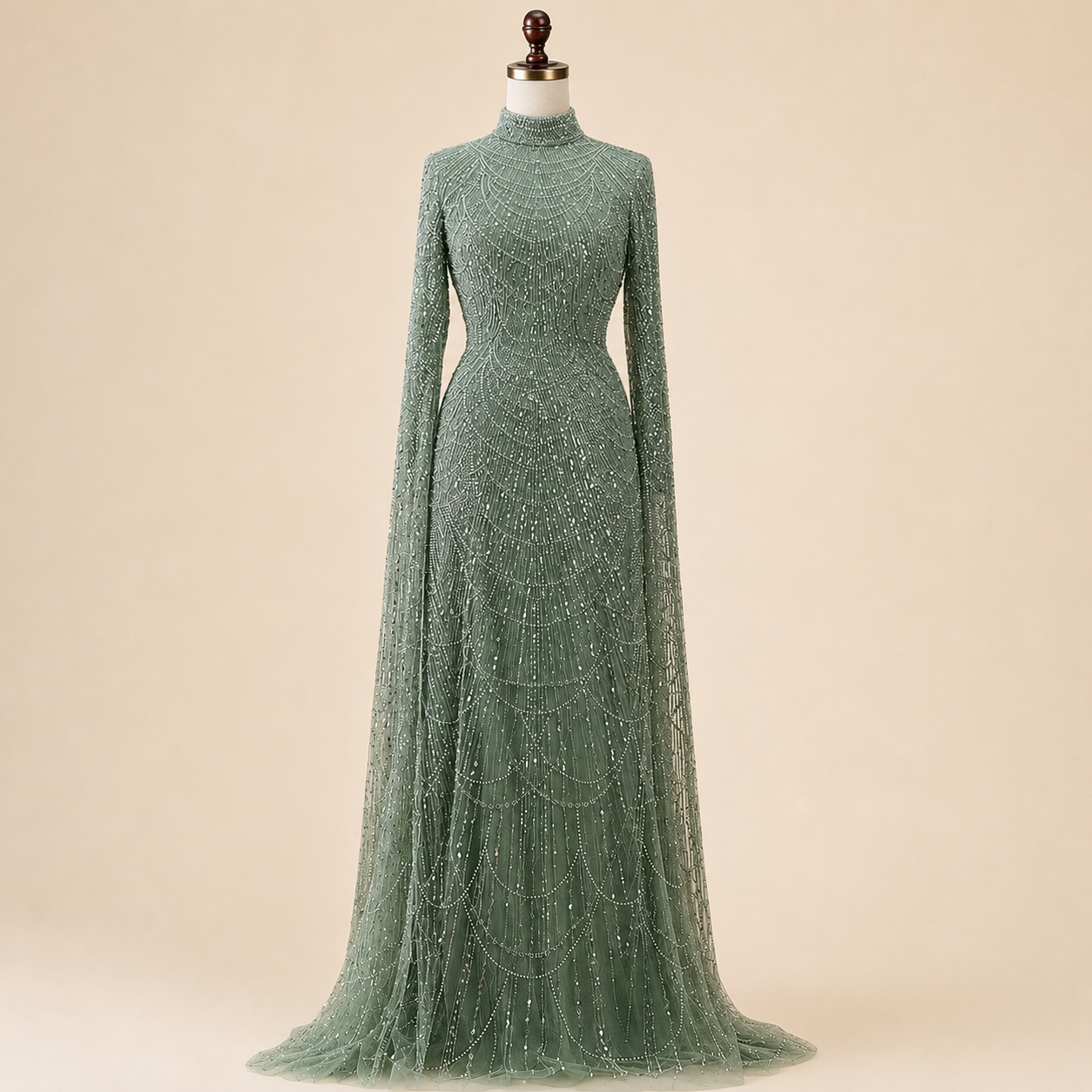 Luxury Sage Green High-Neck Beaded Long Sleeves Evening Gown SL197
