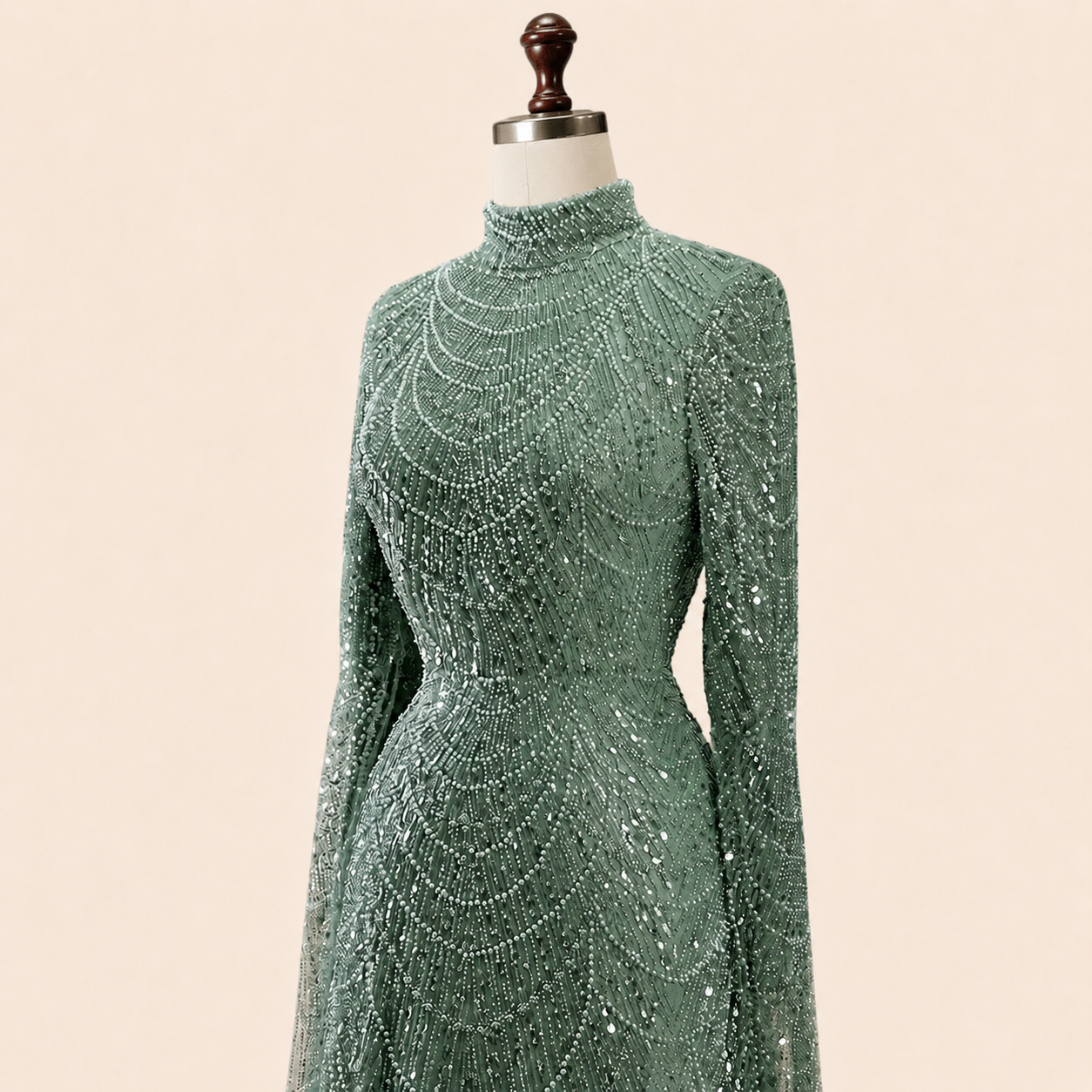 Luxury Sage Green High-Neck Beaded Long Sleeves Evening Gown SL197