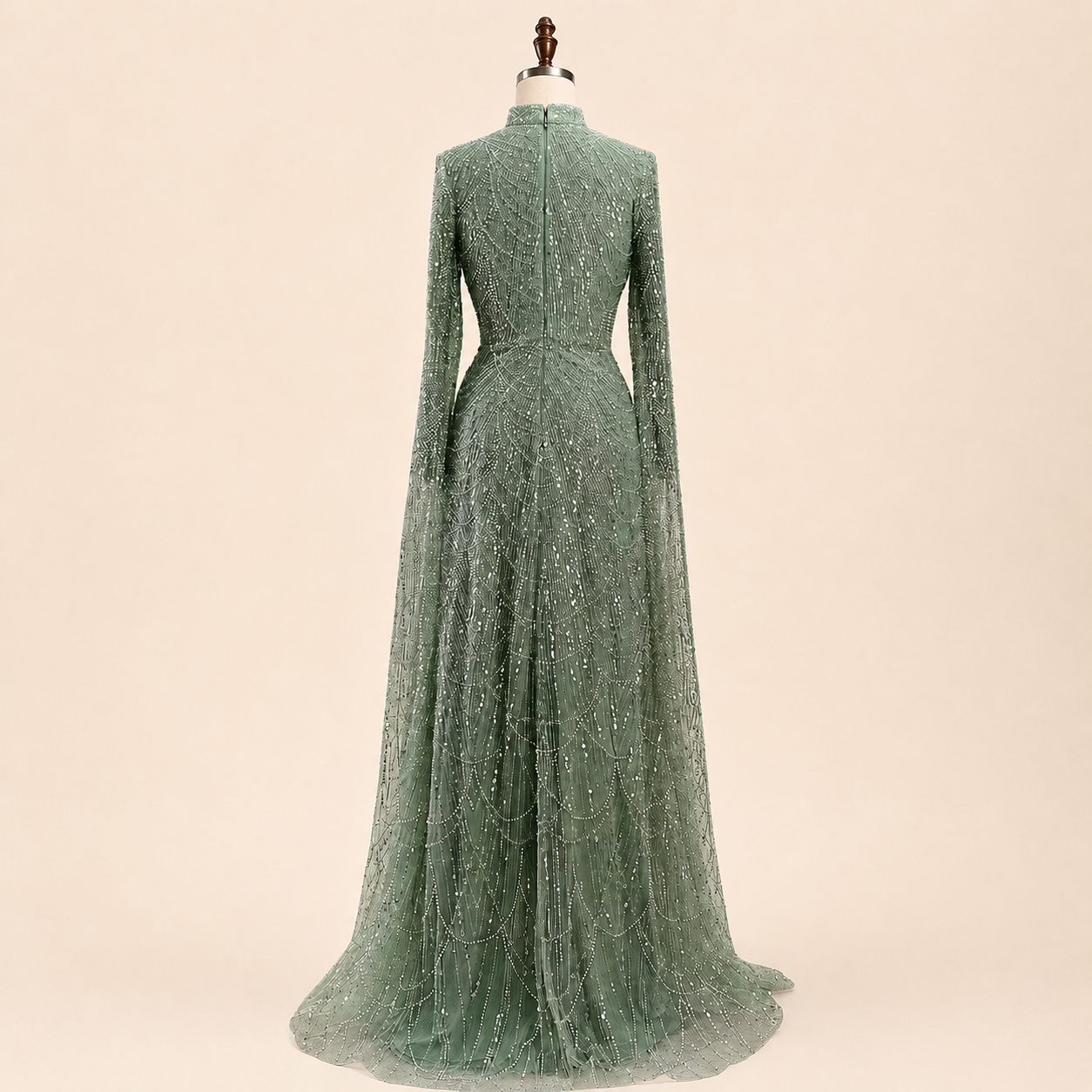 Luxury Sage Green High-Neck Beaded Long Sleeves Evening Gown SL197