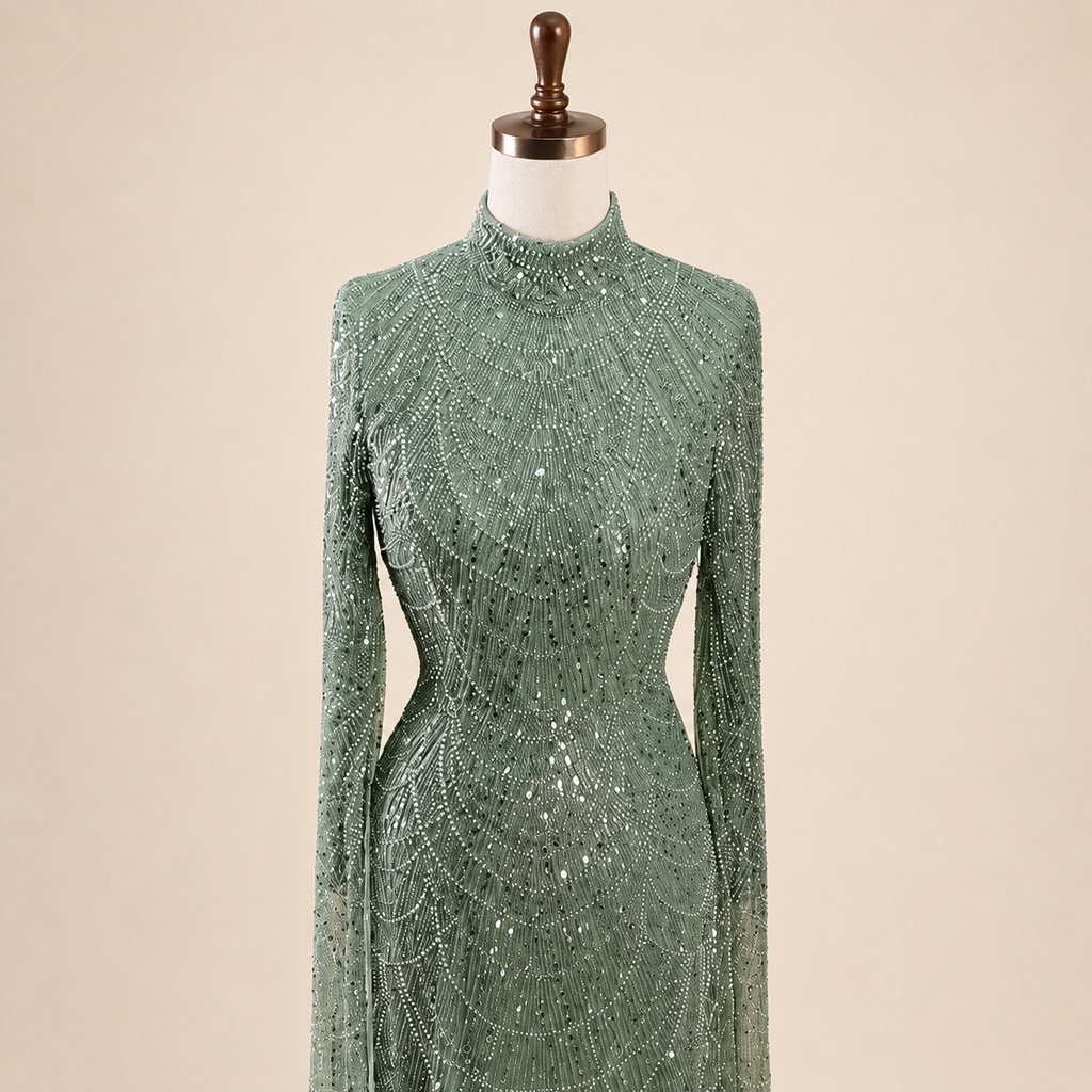 Luxury Sage Green High-Neck Beaded Long Sleeves Evening Gown SL197