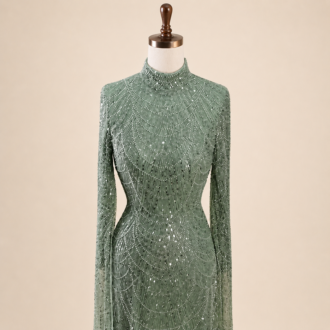 Luxury Sage Green High-Neck Beaded Long Sleeves Evening Gown SL197