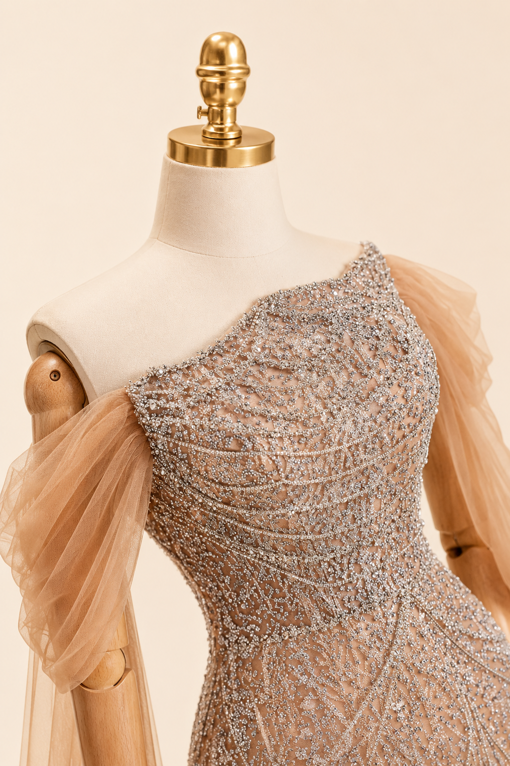 Luxury Brown Off-Shoulder Beaded Evening Gown SL201