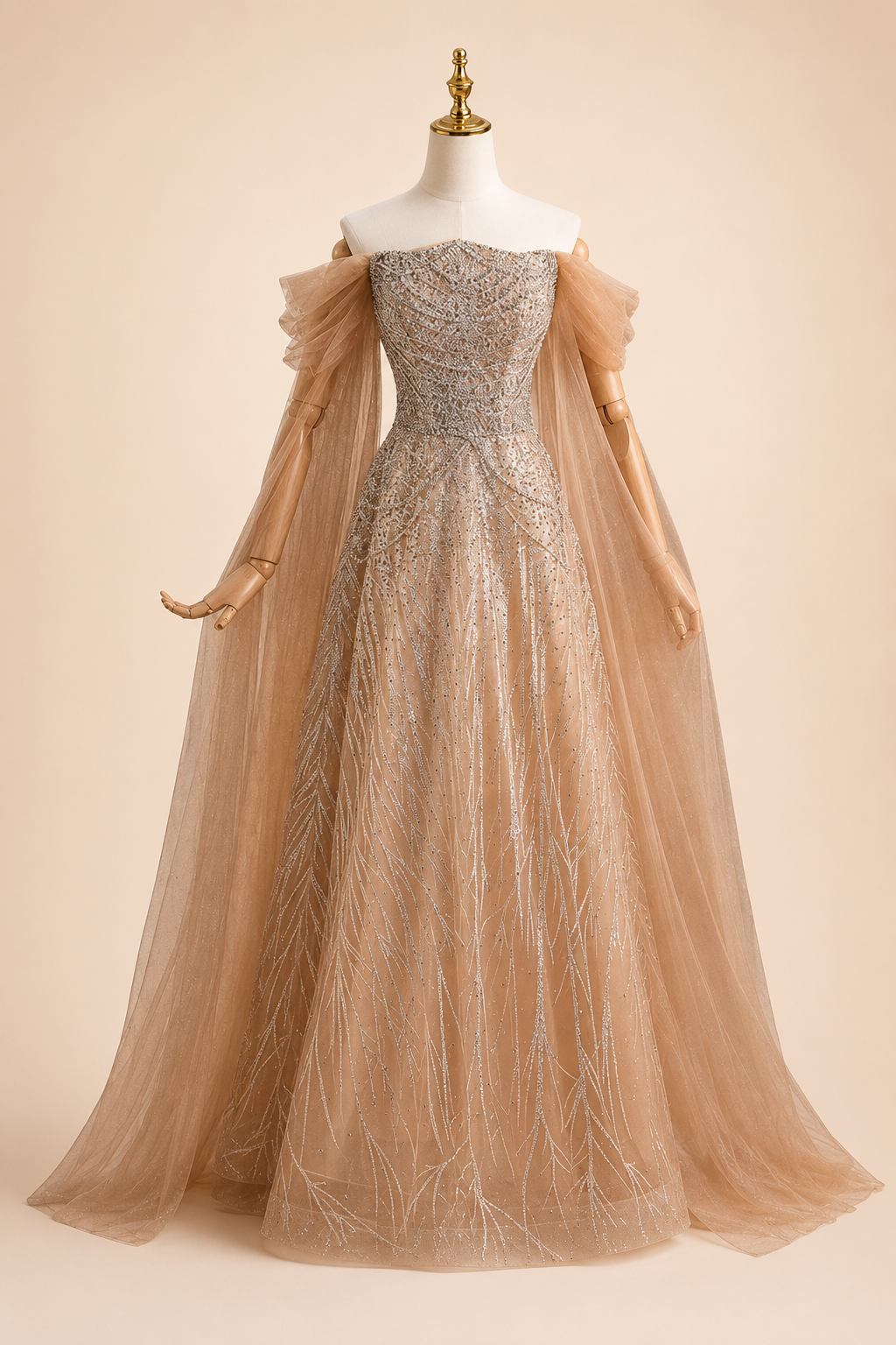 Luxury Brown Off-Shoulder Beaded Evening Gown SL201