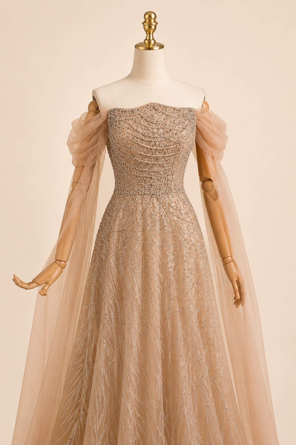 Luxury Brown Off-Shoulder Beaded Evening Gown SL201