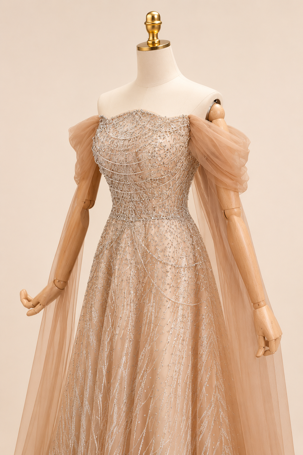Luxury Brown Off-Shoulder Beaded Evening Gown SL201