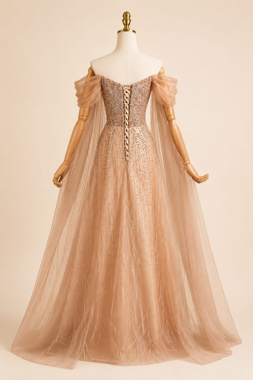 Luxury Brown Off-Shoulder Beaded Evening Gown SL201