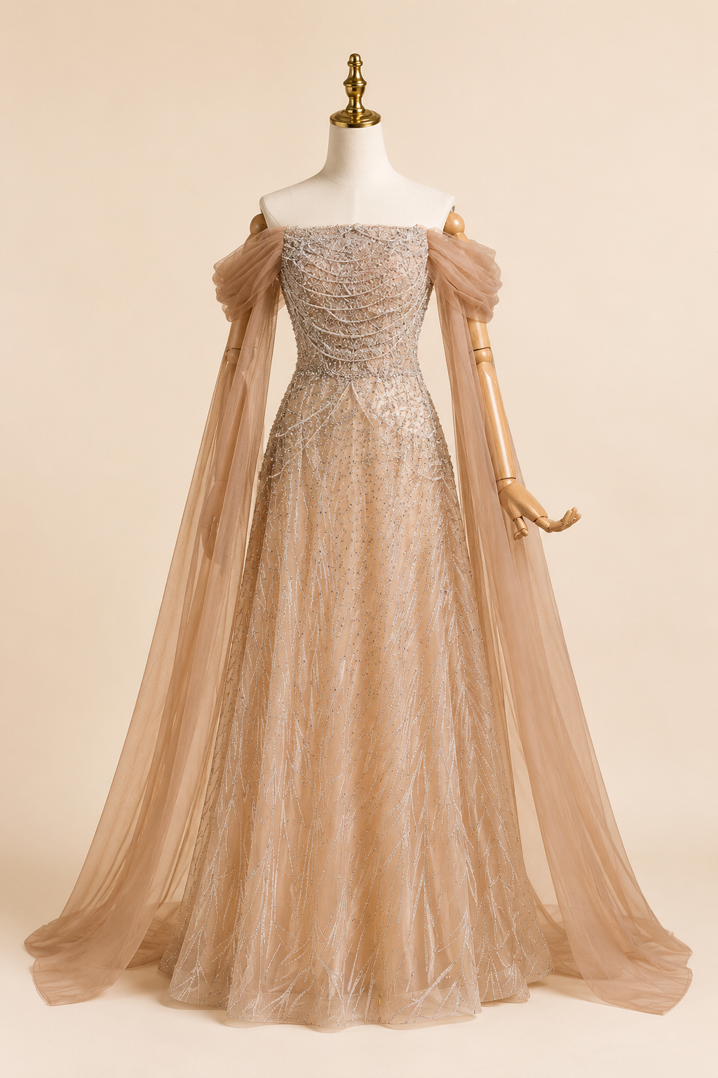 Luxury Brown Off-Shoulder Beaded Evening Gown SL201