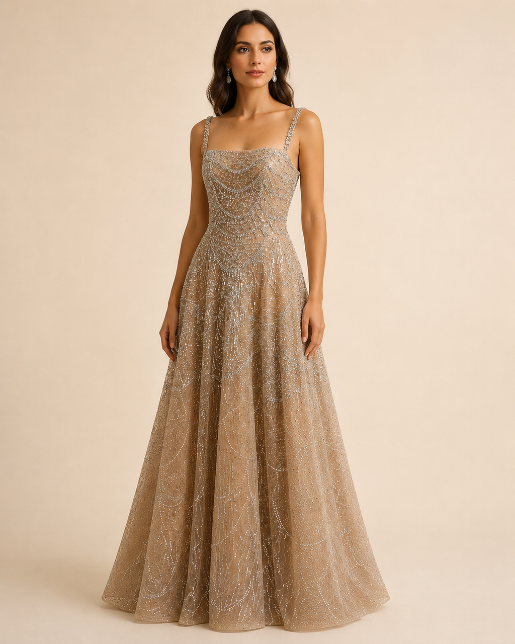 Glamorous Champagne Glitter Formal Dress with Spaghetti Straps SL202