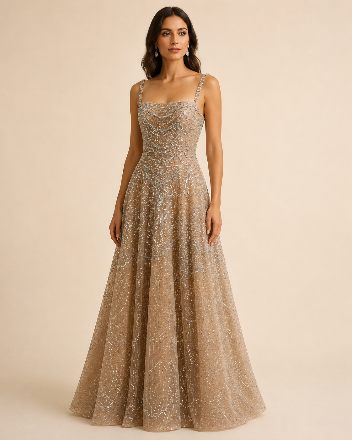 Glamorous Champagne Glitter Formal Dress with Spaghetti Straps SL202