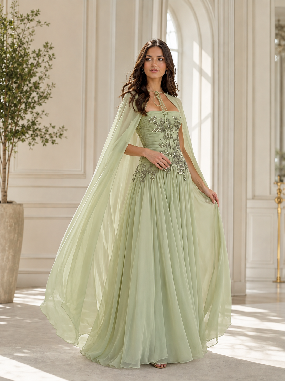 Romantic Sage Green Formal Dress with Cape Detail SL203