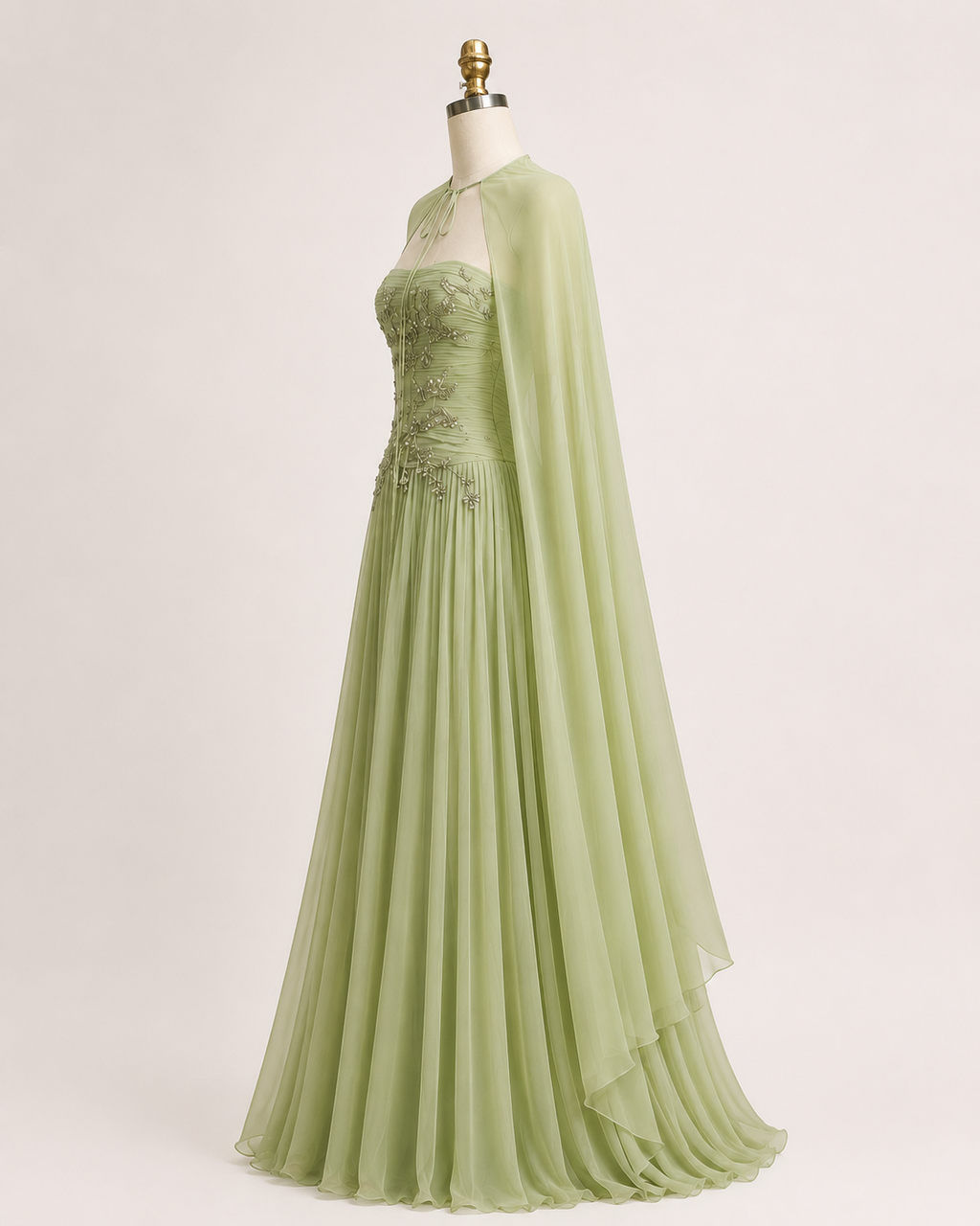 Romantic Sage Green Formal Dress with Cape Detail SL203