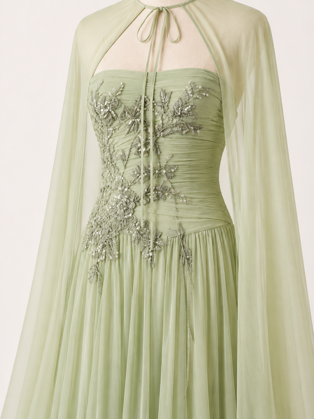 Romantic Sage Green Formal Dress with Cape Detail SL203