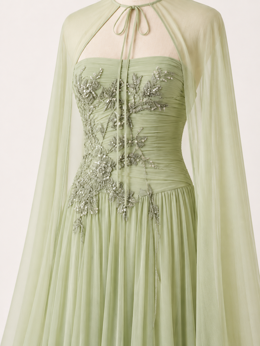 Romantic Sage Green Formal Dress with Cape Detail SL203