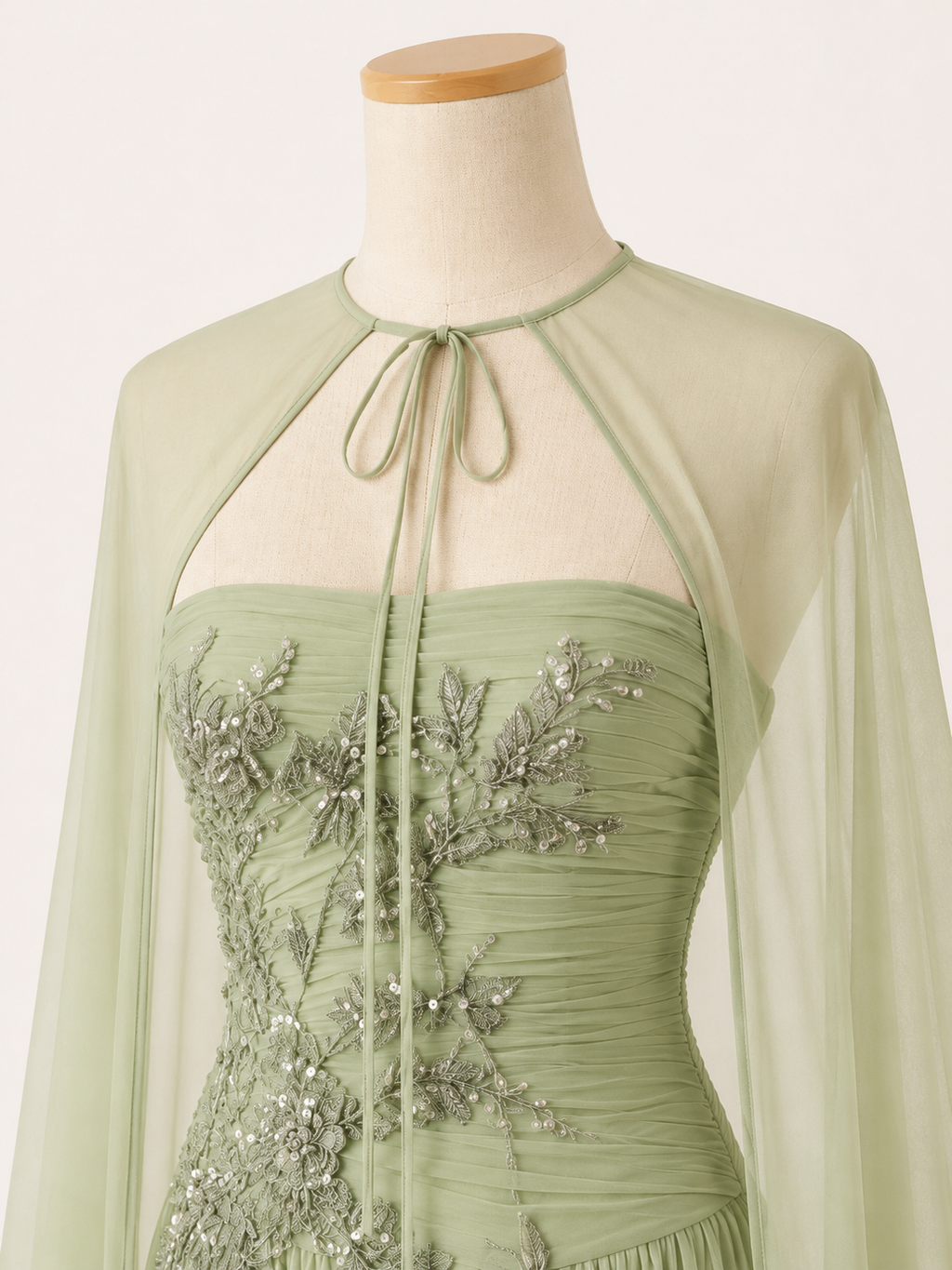 Romantic Sage Green Formal Dress with Cape Detail SL203