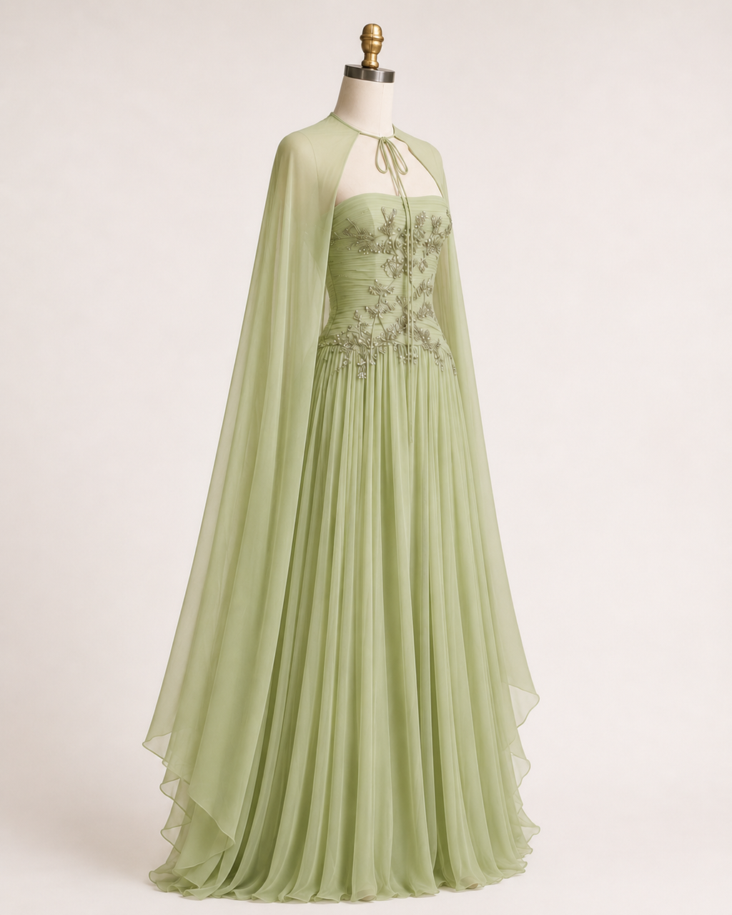 Romantic Sage Green Formal Dress with Cape Detail SL203