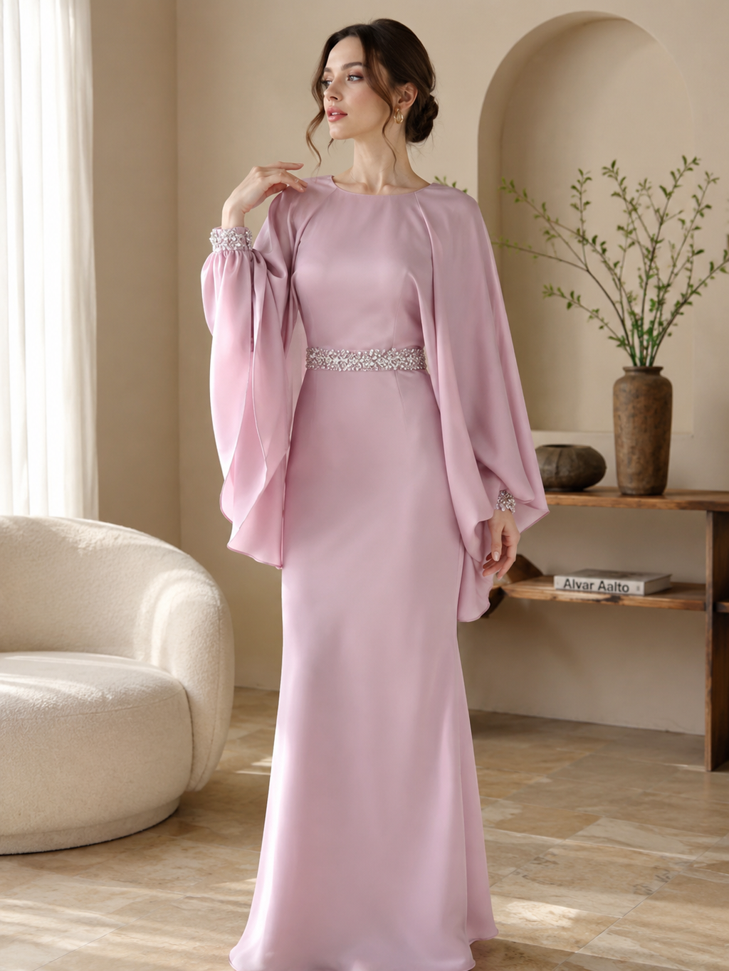 Elegant Dusty Pink Evening Gown with Cape Sleeves SL204