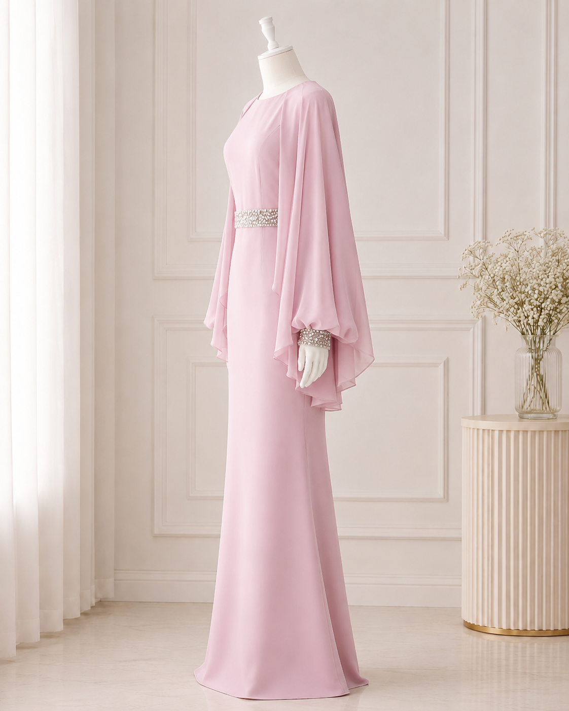 Elegant Dusty Pink Evening Gown with Cape Sleeves SL204