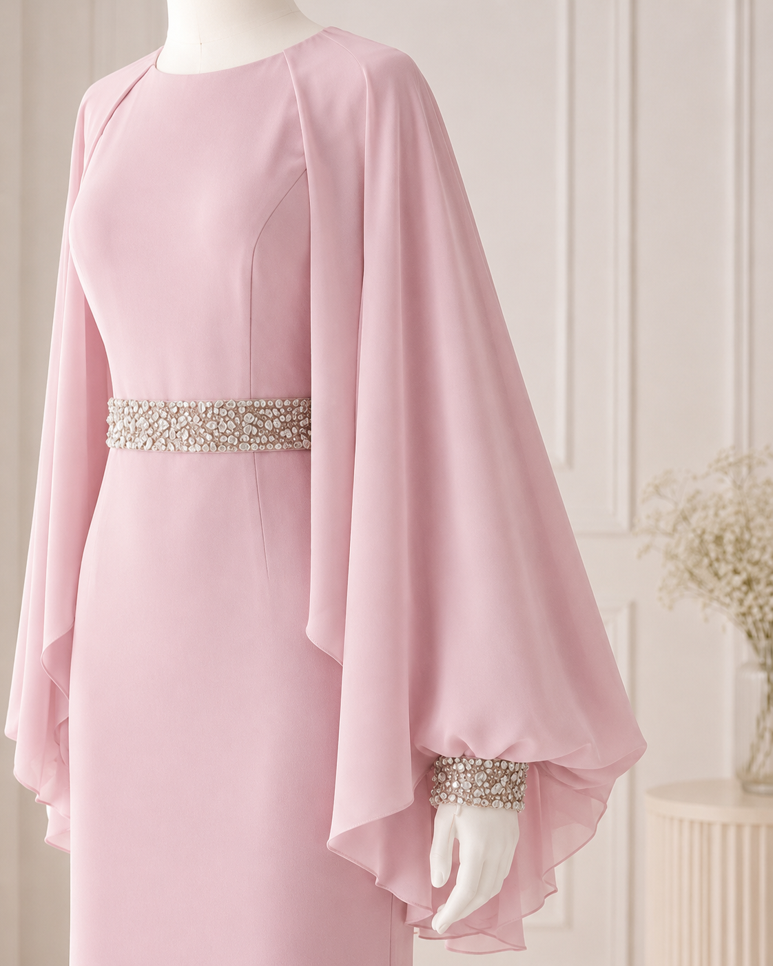 Elegant Dusty Pink Evening Gown with Cape Sleeves SL204