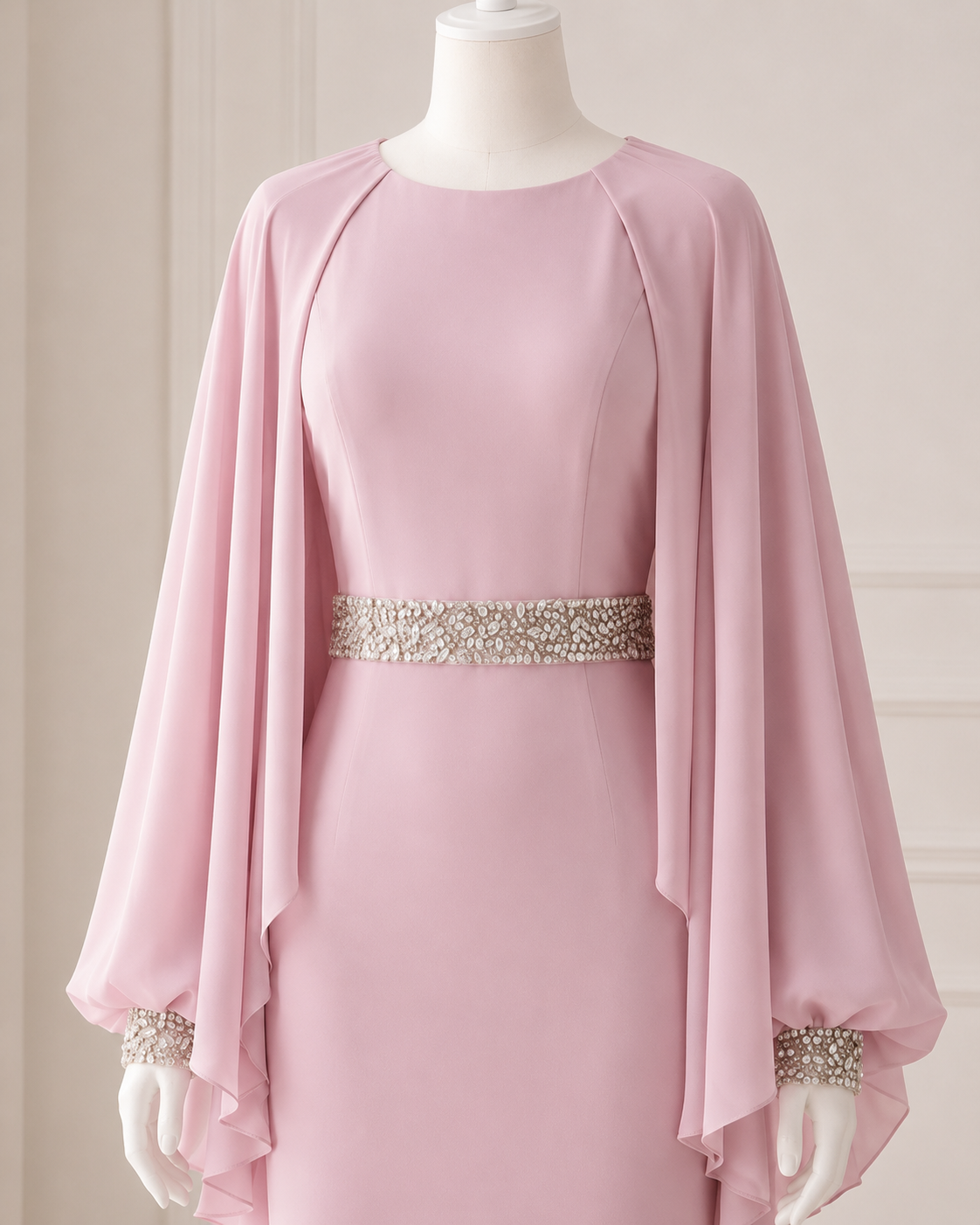 Elegant Dusty Pink Evening Gown with Cape Sleeves SL204